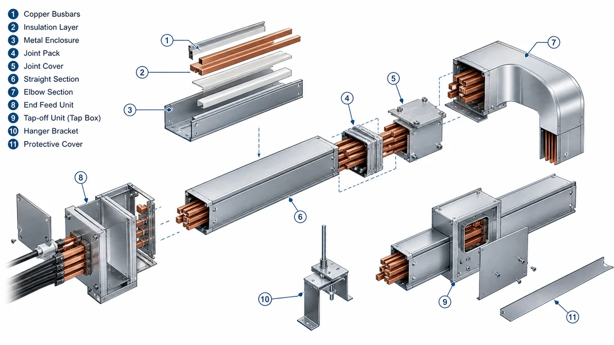 Exploded bus duct system showing conductors, insulation, enclosure, joint, tap-off interface, and supports