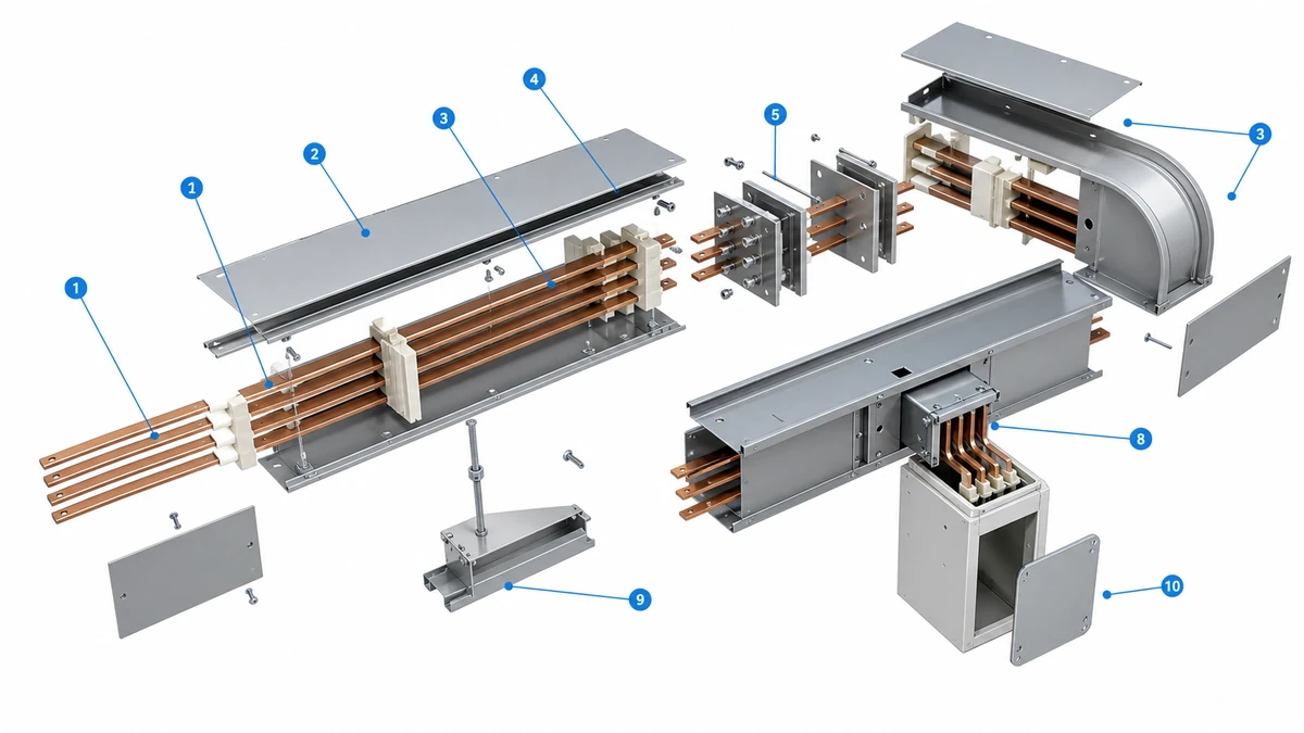 Exploded busbar trunking system showing conductors, insulation, enclosure, joint pack, and tap-off box