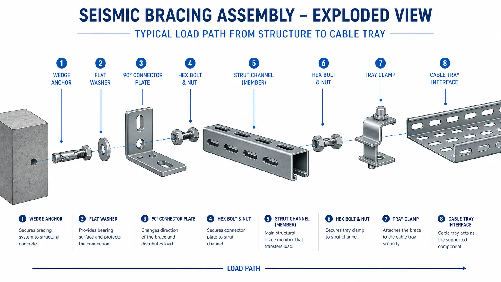 Exploded view of seismic bracing components including strut channel clamps connectors and anchors