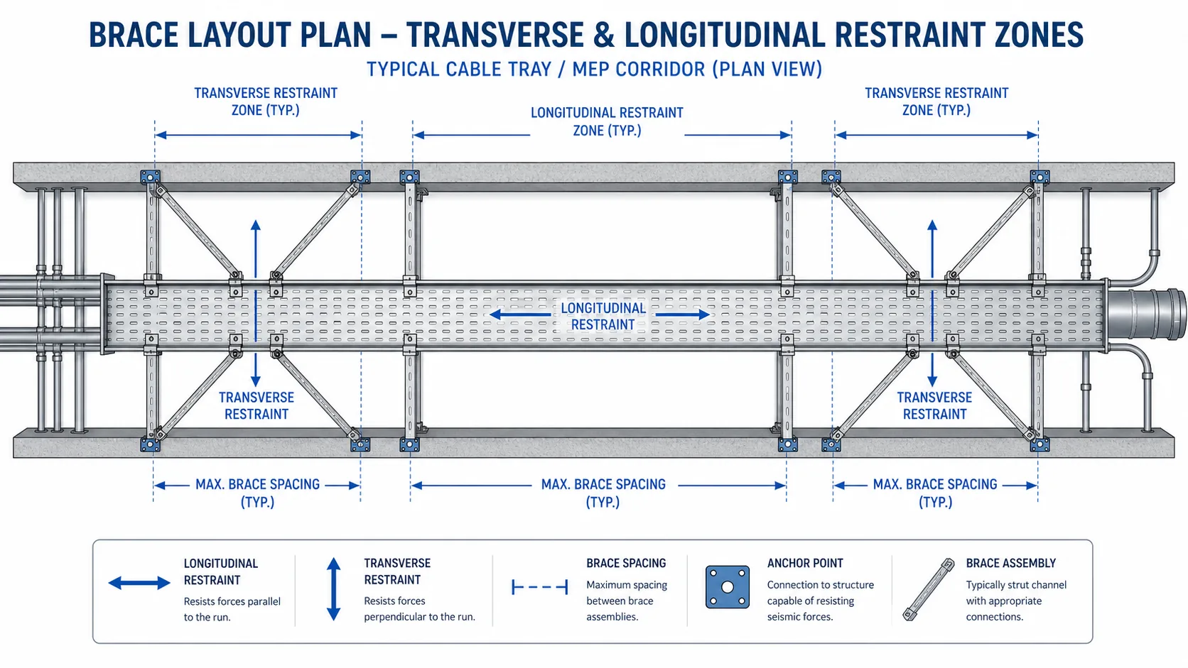 Seismic bracing load path and layout plan for transverse and longitudinal restraint