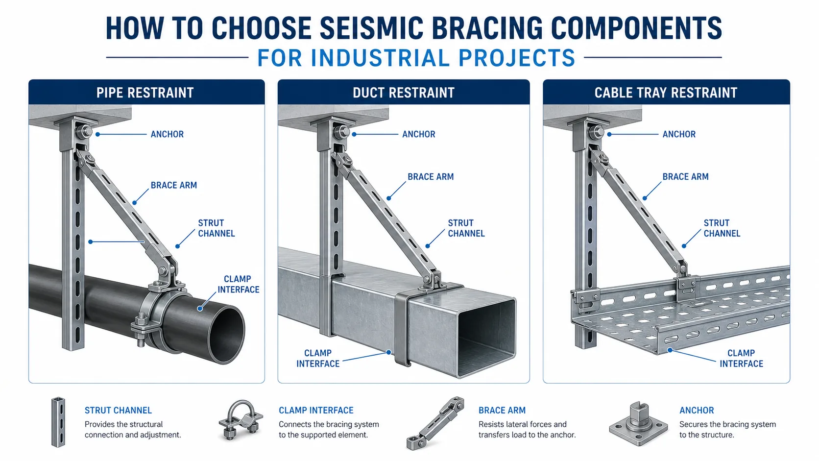 Seismic bracing component selection overview for pipe duct and cable tray supports