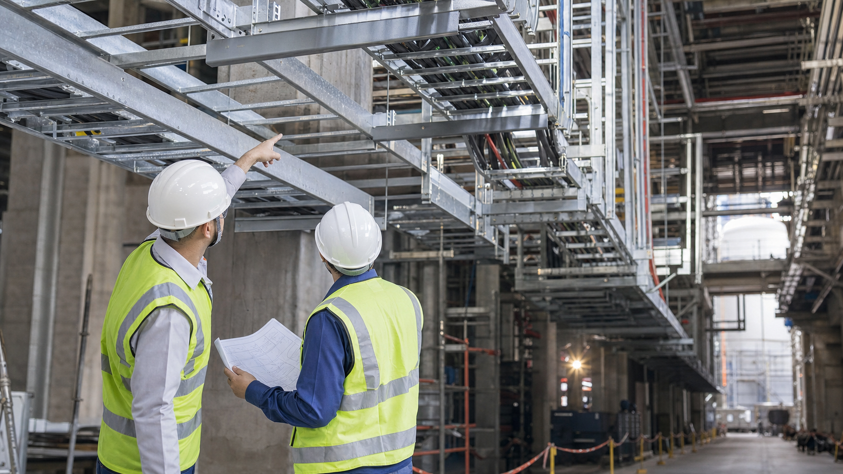 Industrial project cable tray inspection with overhead heavy duty ladder trays
