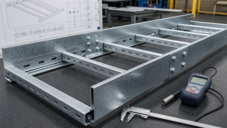 Ladder cable tray manufacturer quality inspection showing rungs side rails and splice plates