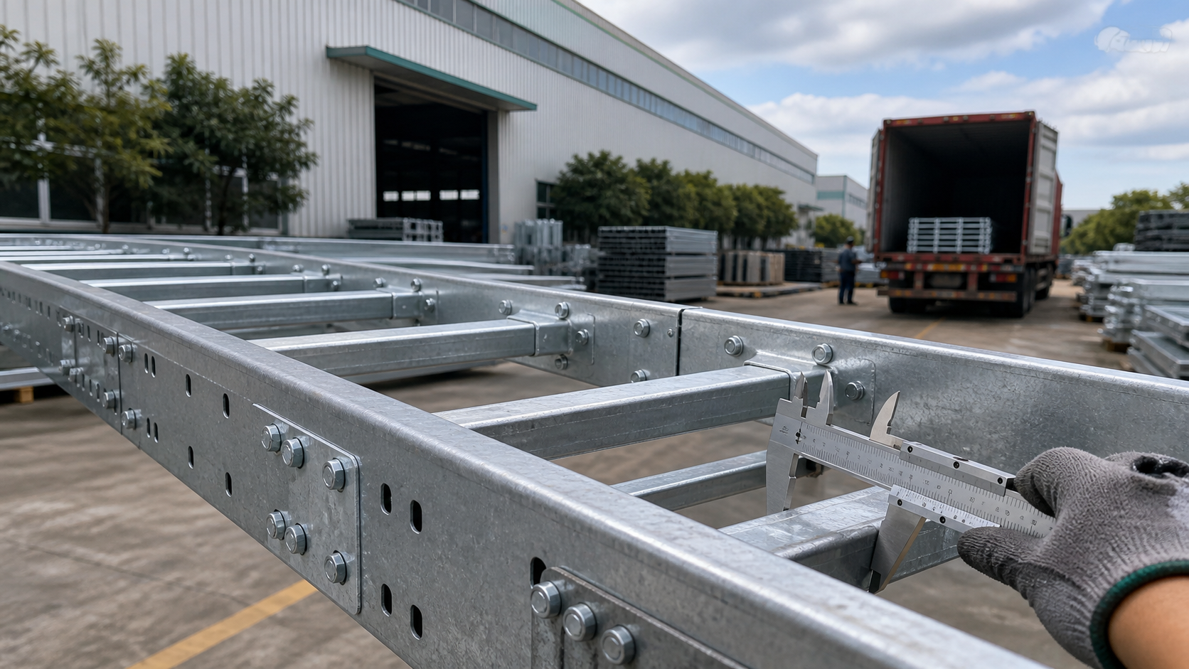 Real factory based ladder cable tray technical closeup with side rails and rungs