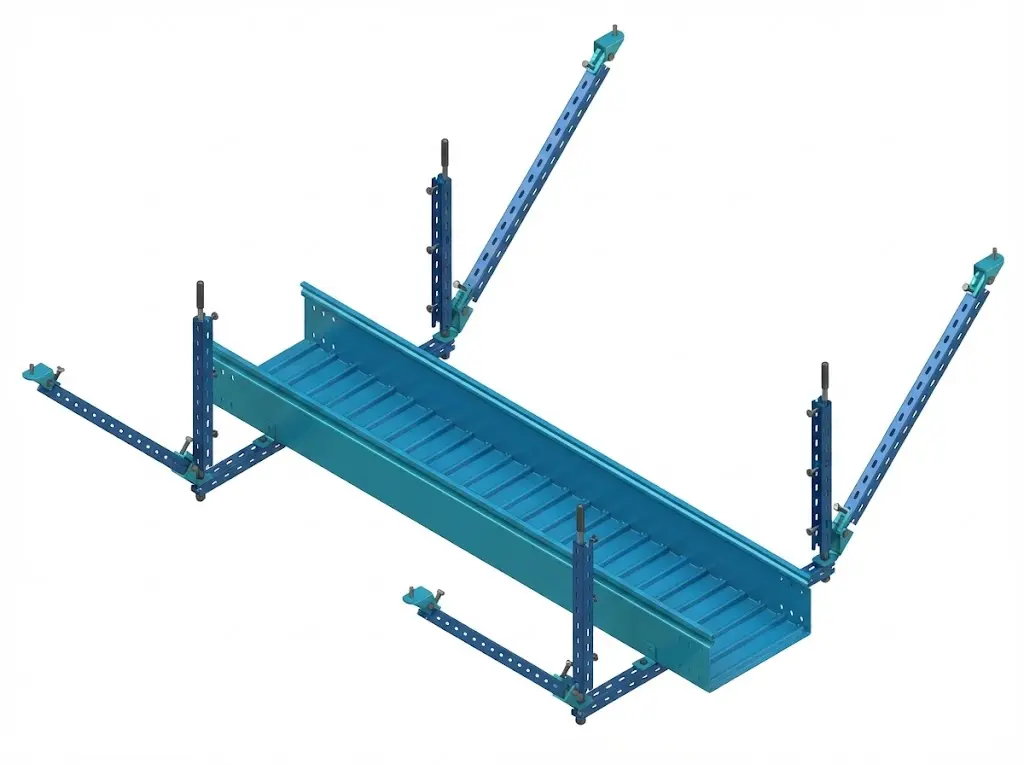 Exploded view of seismic bracing components for pipe duct and cable tray systems