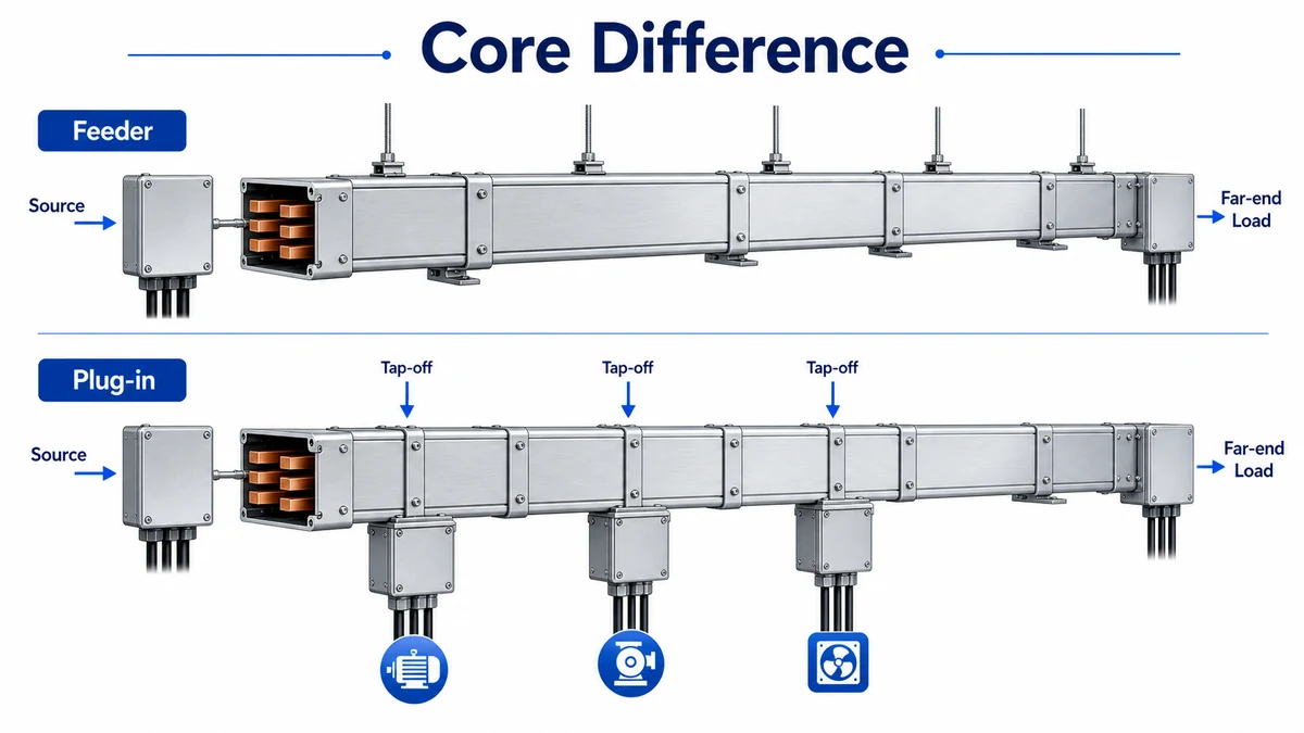 Diagram showing feeder busway route versus plug-in busway tap-off route