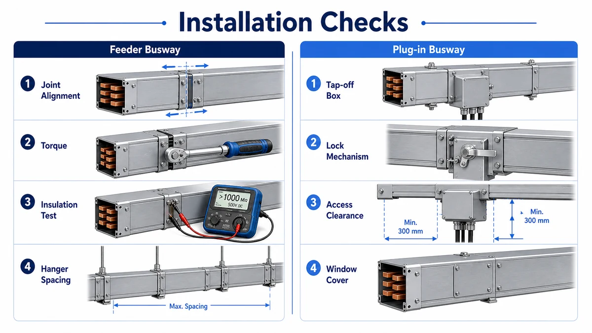 Installation checklist for feeder busway joints and plug-in busway tap-off boxes