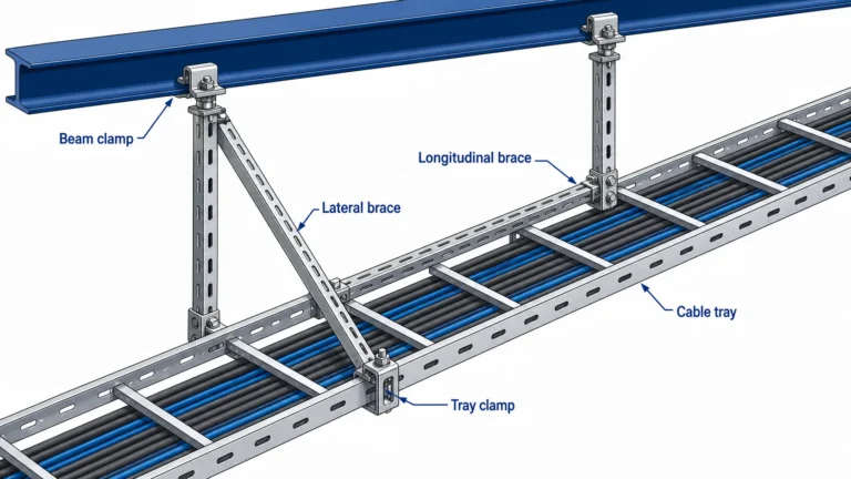 Isometric seismic bracing assembly for a cable tray run with lateral and longitudinal braces