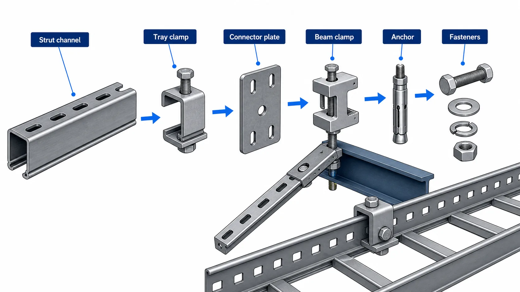 Exploded view of strut channel tray clamp connector plate beam clamp anchor and fasteners