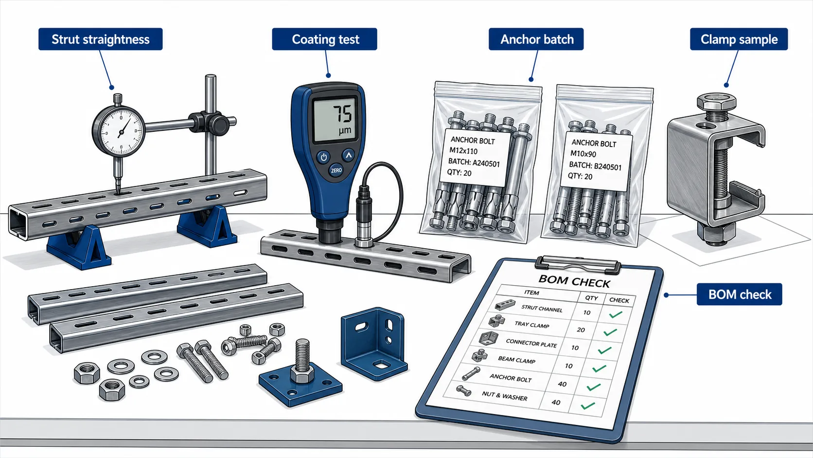 Incoming inspection for seismic bracing components including strut anchors clamps and coating checks