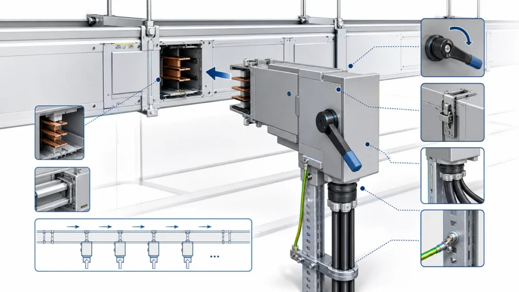Electrical bus plug connecting to plug-in busway in a power distribution route