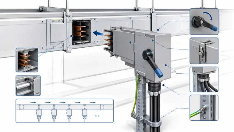 Electrical bus plug connecting to plug-in busway in a power distribution route