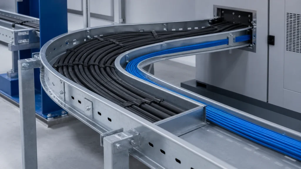 Cable tray bend routing separated power and fiber cable groups