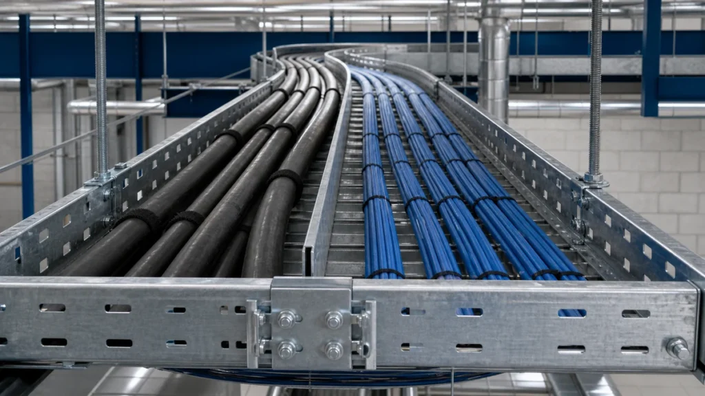 Cable tray divider separating power and data cable lanes in an industrial installation