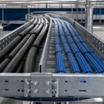 Cable tray divider separating power and data cable lanes in an industrial installation