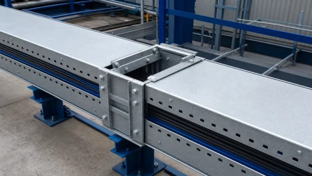 Long cable tray run with an expansion joint and supports