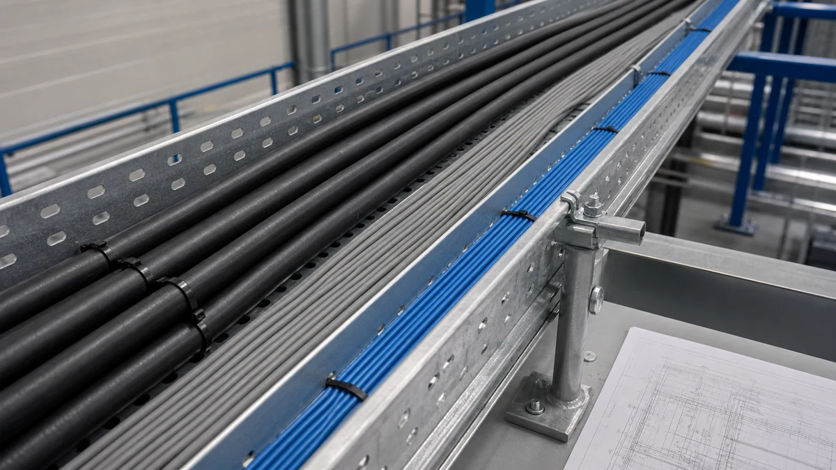Cable tray route with organized power, control, and data cable groups