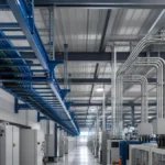 Cable tray and conduit routing paths in an industrial electrical corridor