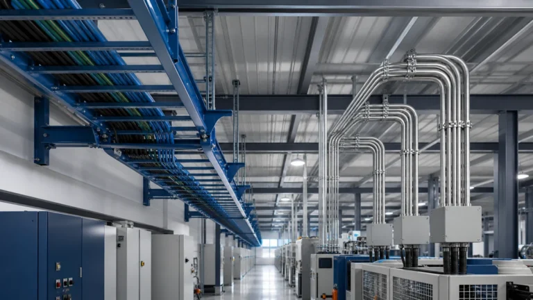 Cable tray and conduit routing paths in an industrial electrical corridor