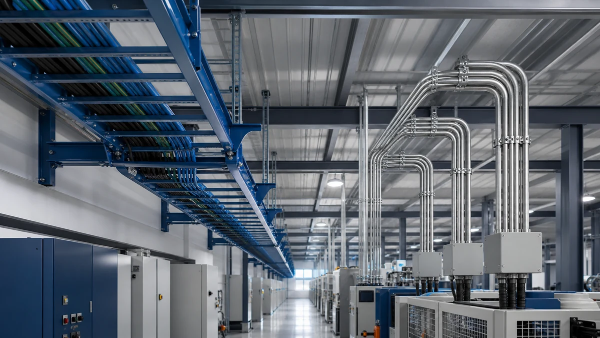Cable tray and conduit routing paths in an industrial electrical corridor
