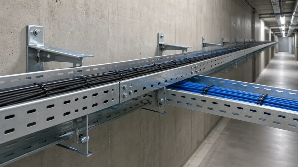 Side-mounted cable tray route on coordinated wall brackets