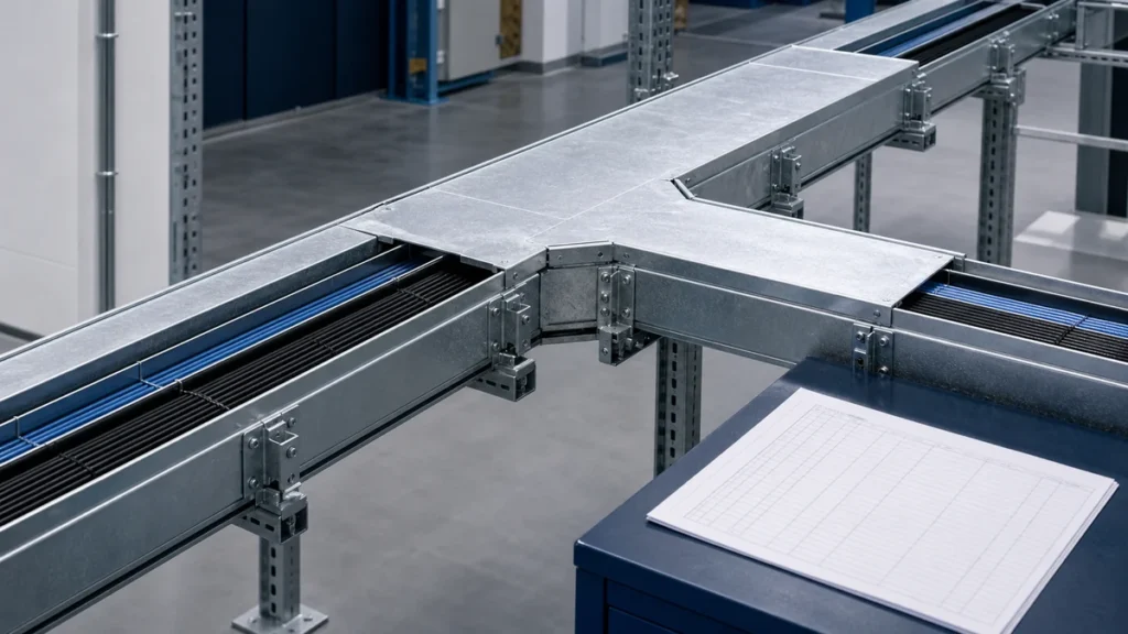 Coordinated cable tray route with fittings, supports, covers, and cables