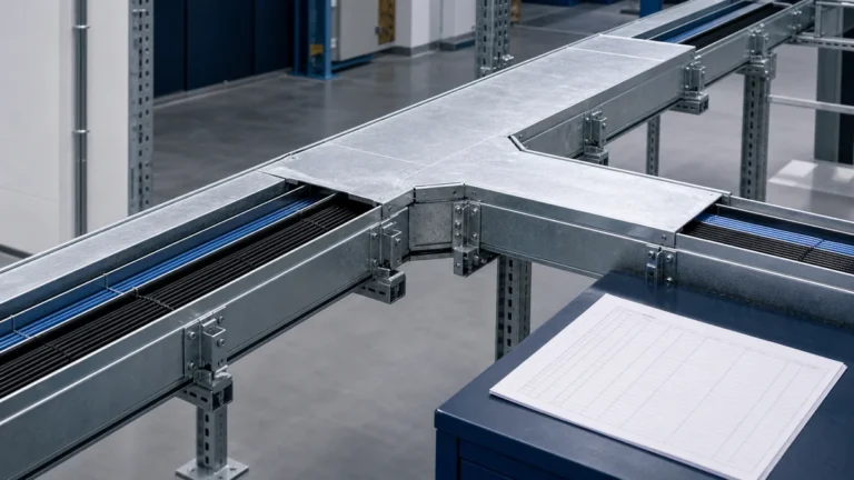 Coordinated cable tray route with fittings, supports, covers, and cables