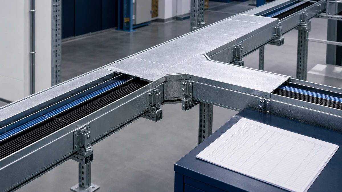 Coordinated cable tray route with fittings, supports, covers, and cables