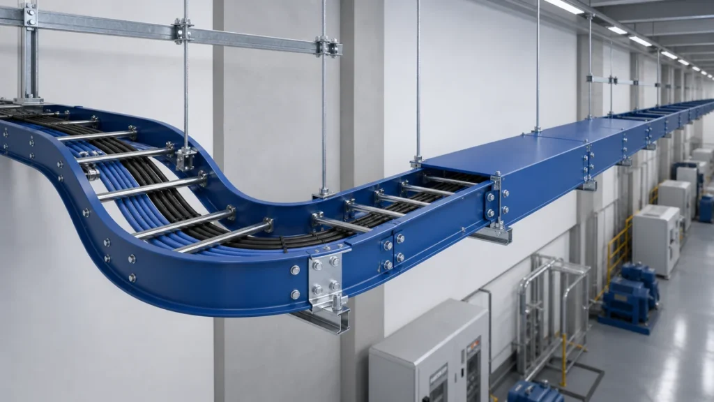 Electrical cable tray components on a coordinated industrial routing system