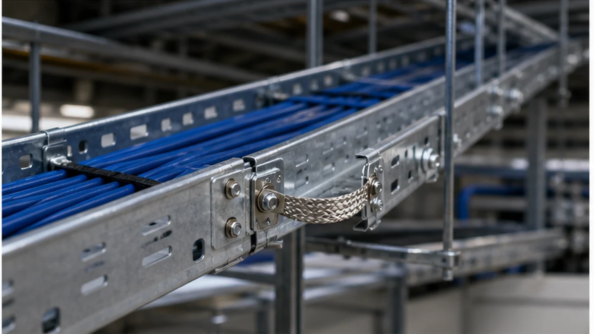 Cable tray route with bonding connection at a splice
