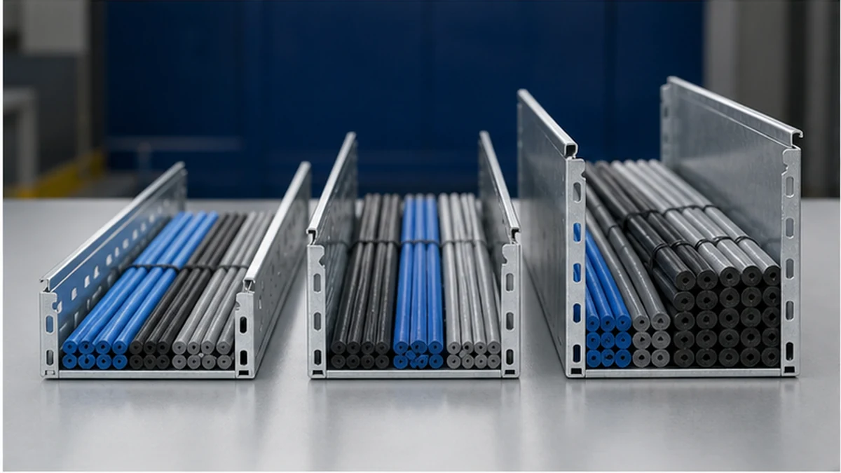 Cable tray profiles showing different side rail heights and cable bundles