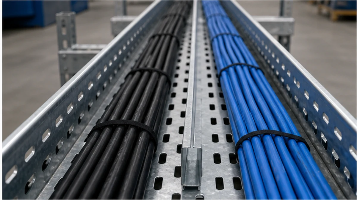 Cable tray with a central divider separating power and data cable lanes