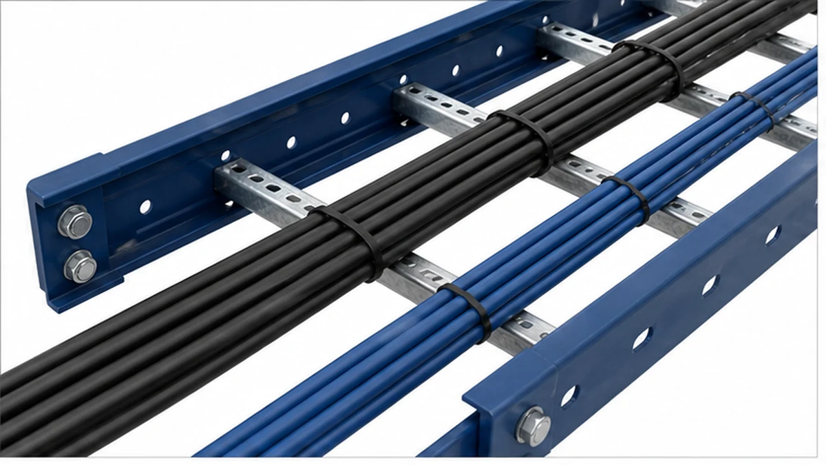 Ladder cable tray rails and rungs supporting power and control cables