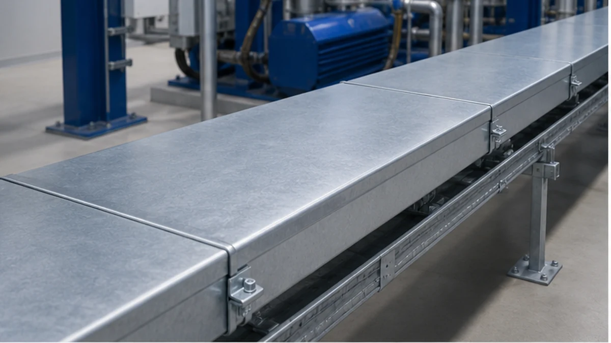 Solid cover fitted on a cable tray in an indoor plant room