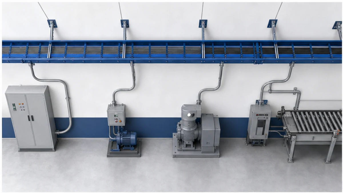 Cable tray and conduit routing comparison in an industrial electrical corridor
