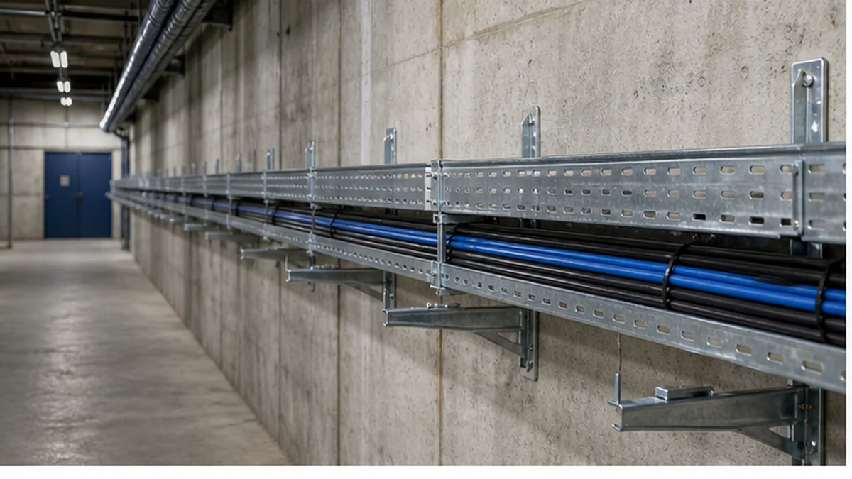 Wall-mounted cable tray with brackets and access clearance