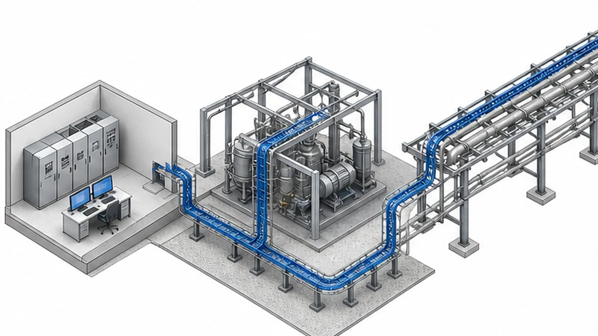 Industrial cable tray route plan across control room process and outdoor zones