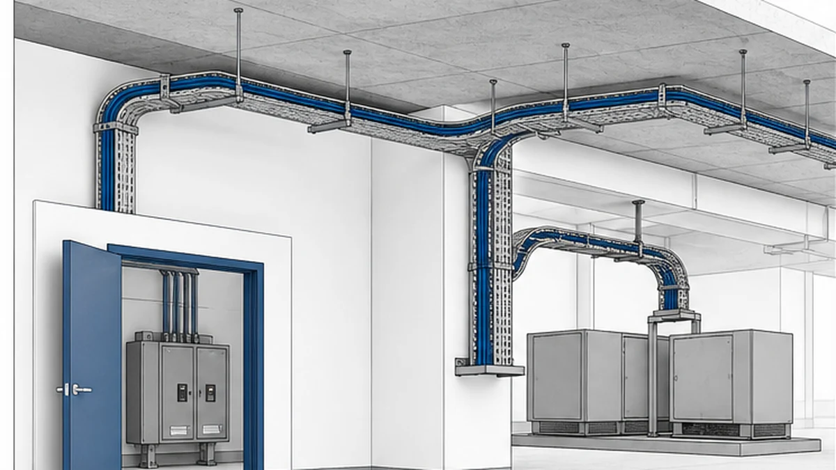 Commercial cable tray route connecting electrical room ceiling zone and equipment branch