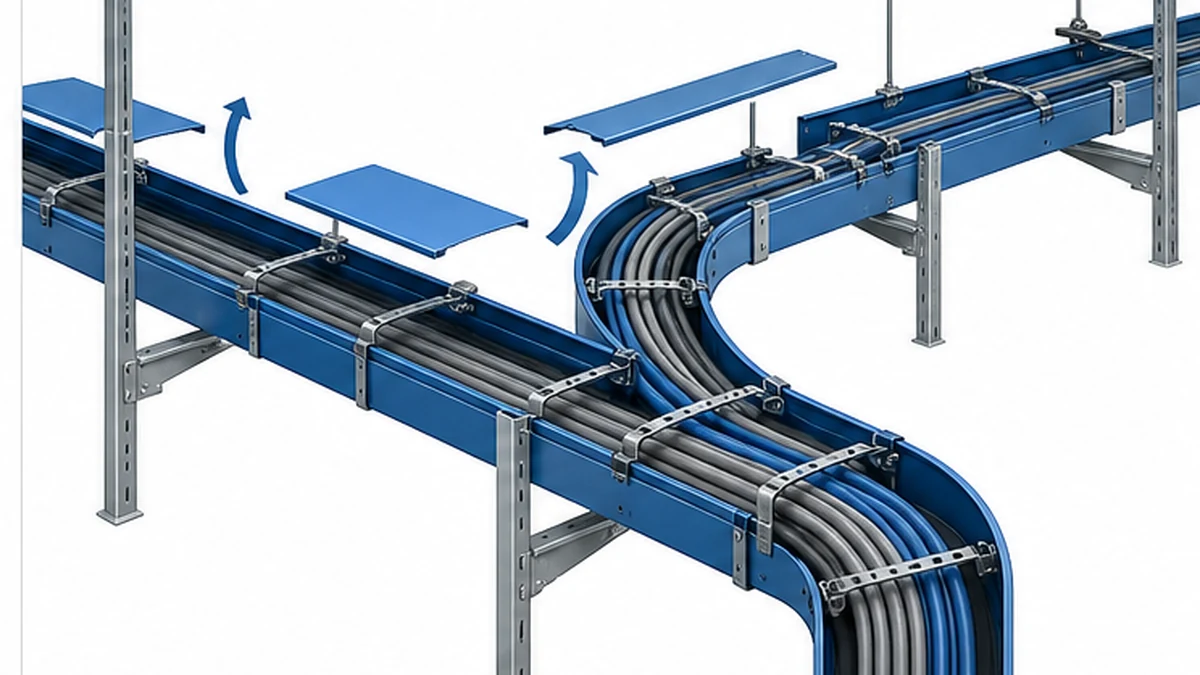 Trough cable tray route with continuous cable support open access and matched fittings