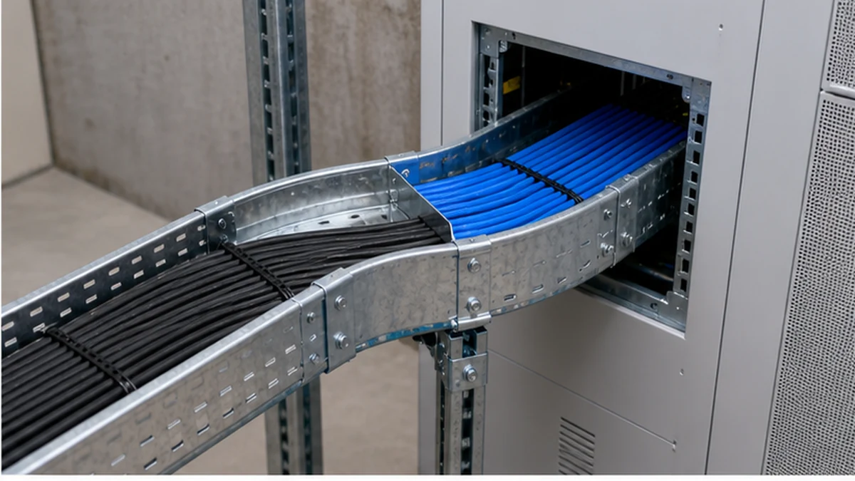 Cable tray elbow routing to an equipment entry