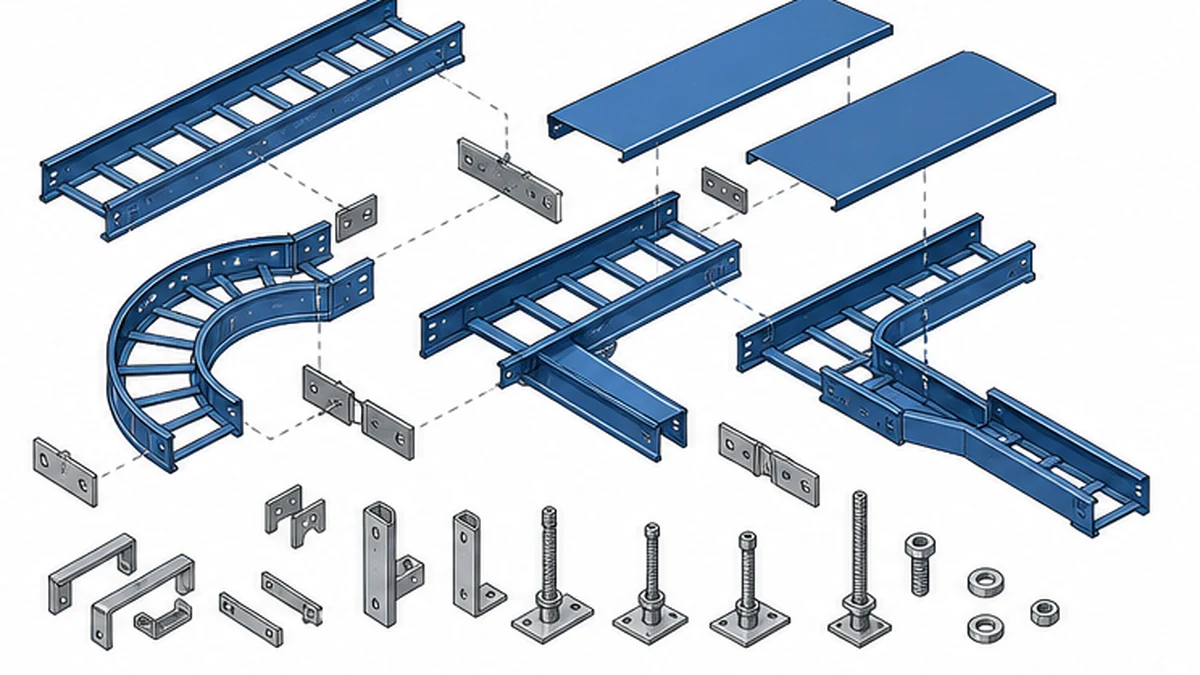 Exploded cable tray bill of materials with sections fittings covers supports and hardware