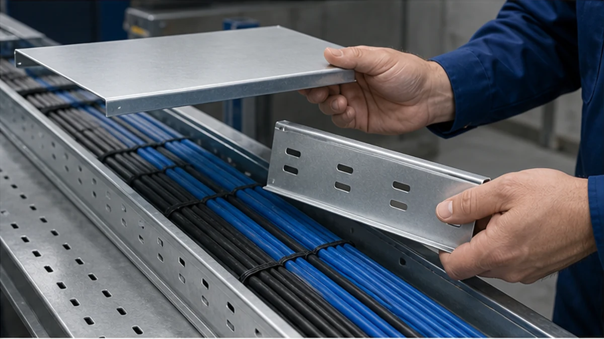 Engineer checking cable bundle and cover clearance at a tray sidewall