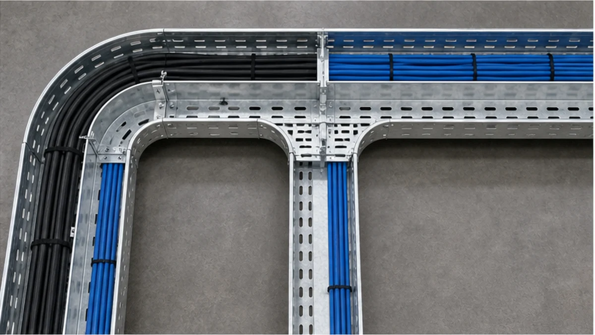 Cable tray divider route continuing through a straight section, elbow, and tee