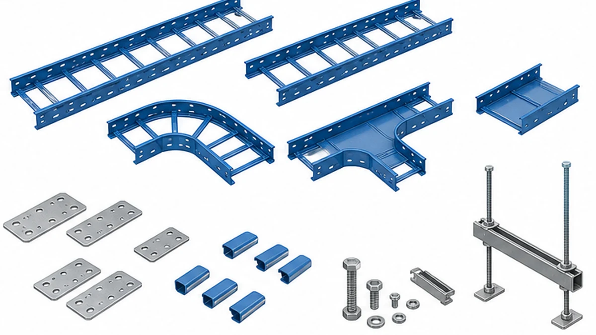 Exploded industrial cable tray bill of materials with fittings supports and hardware