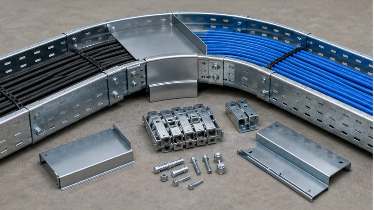Cable tray bend with divider, splice hardware, and cover transition