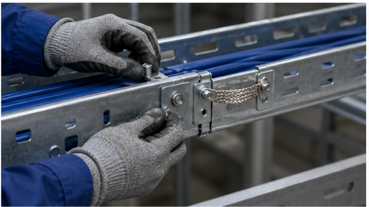 Technician installing bonding hardware at a cable tray splice