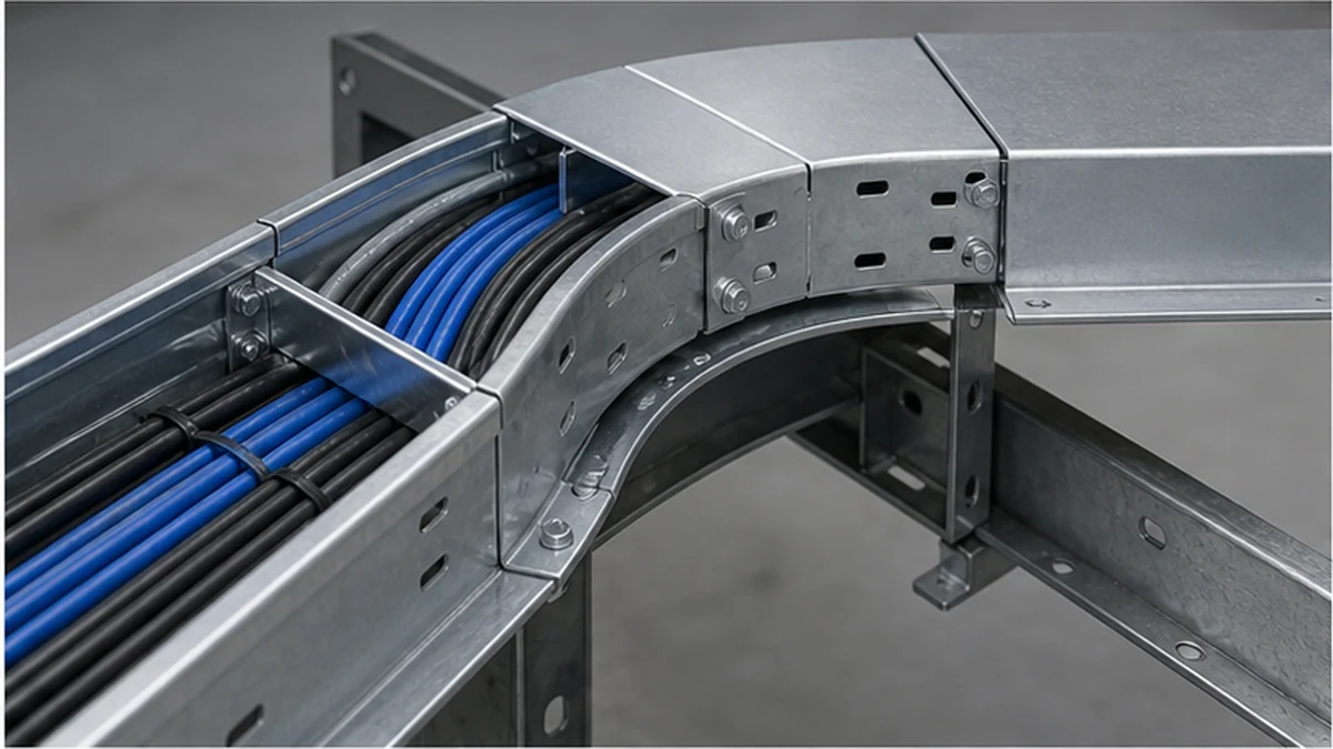 Cable tray elbow with sidewall, divider, and cover transition