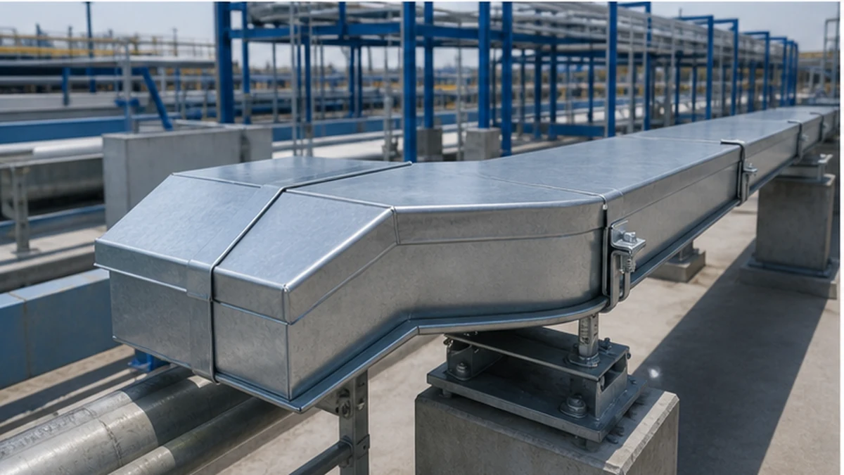 Peaked cover continuing through an outdoor cable tray fitting