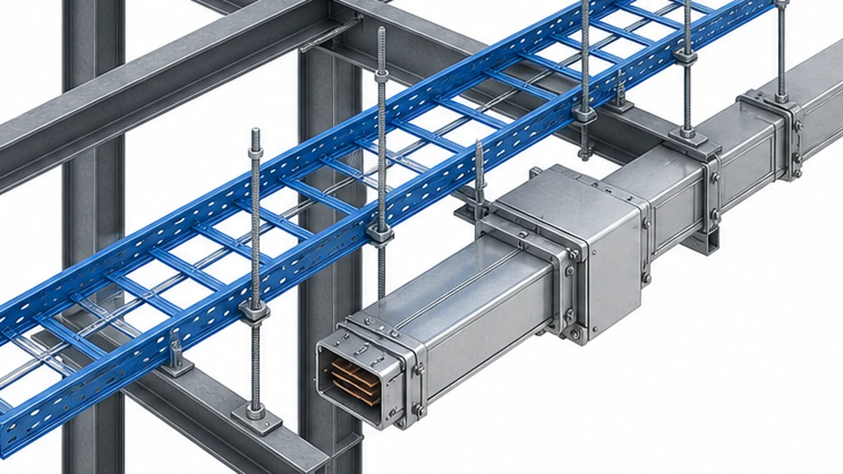 Cable tray support and busway interface on an industrial steel frame