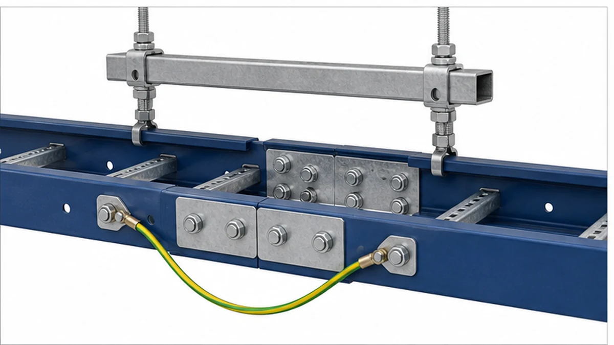 Cable tray trapeze support splice plate and bonding detail